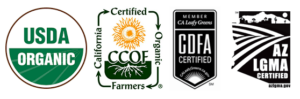 Certification Logos: USDA Organic, California Certified Organic Farmers, California Department of Food and Agriculture, Arizona Leafy Greens Marketing Agreement